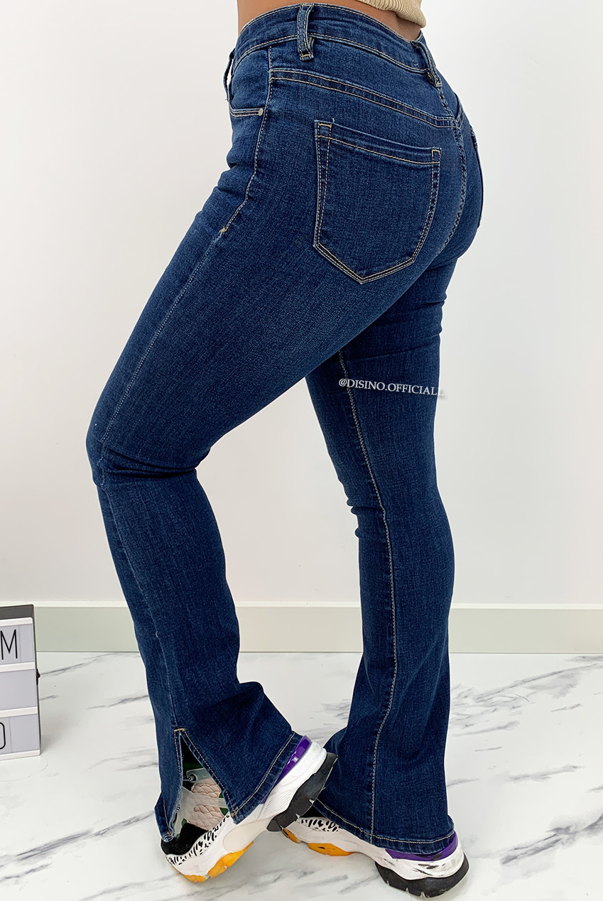 DARK BLUE - 'BILLIE SPLIT' - SUPER STRETCH DENIM FLARED PANTS WITH SIDE  SPLIT - DISINO - Fashion Boutique