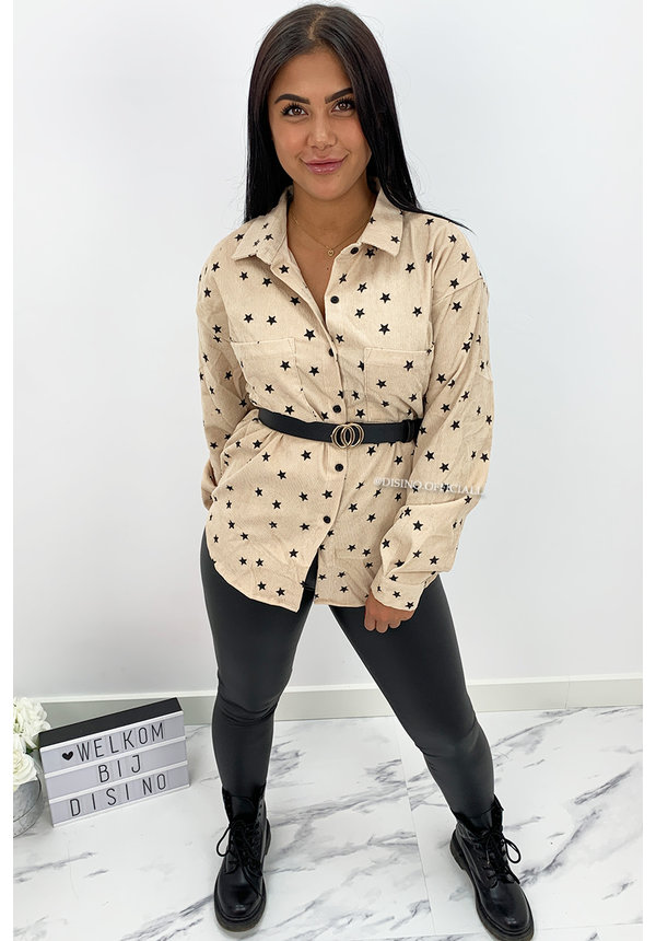 BEIGE - 'DEMI STARS' - OVERSIZED CORDUROY BLOUSE STAR PRINTED