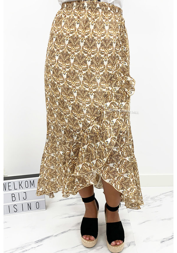 BEIGE - 'IVORY' - BOHO RUFFLE MAXI SKIRT PRAISLEY PRINT