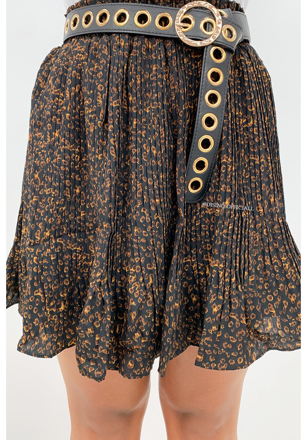 BLACK - 'CAITLIN' - LEOPARD PRINT PLISSE SKIRT