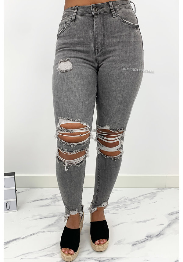 QUEEN HEARTS JEANS - GREY - HIGH WAIST RIPPED SKINNY JEANS - 847