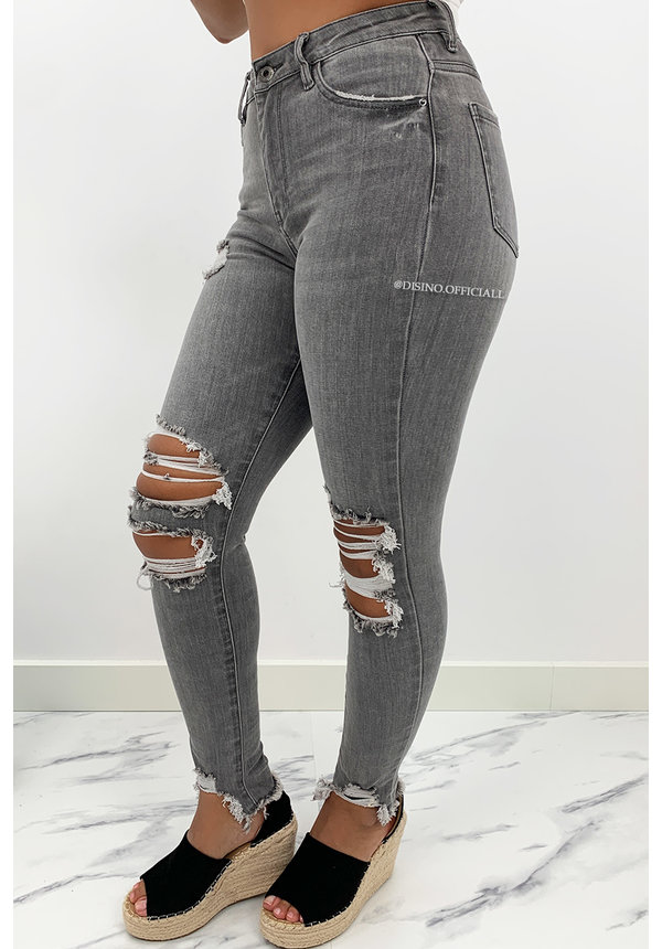 QUEEN HEARTS JEANS - GREY - HIGH WAIST RIPPED SKINNY JEANS - 847