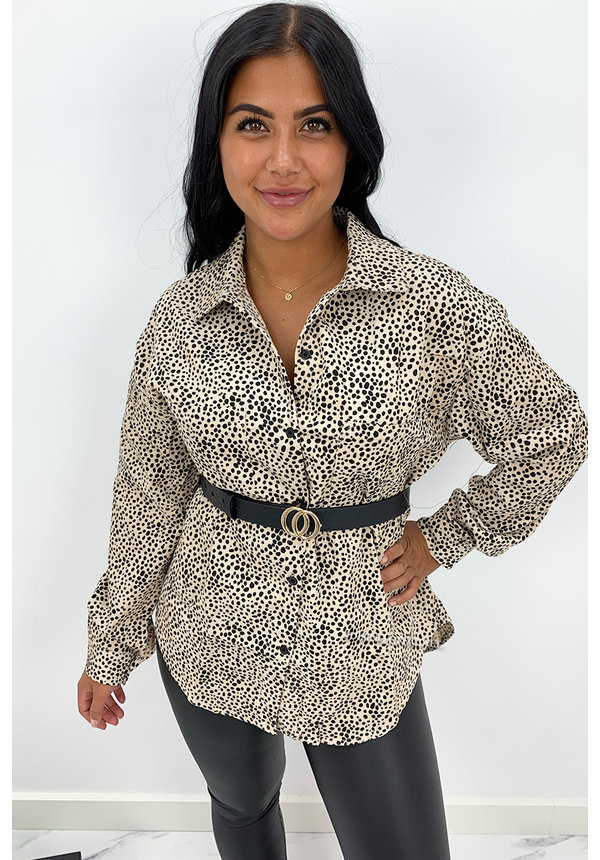 BEIGE - 'DEMI LEO' - OVERSIZED CORDUROY BLOUSE LEOPARD PRINTED