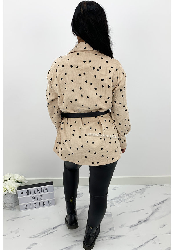 BEIGE - 'DEMI HEARTS' - OVERSIZED CORDUROY BLOUSE HEARTS PRINTED