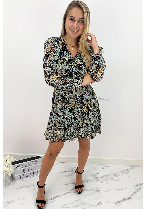 BLACK - 'MARIE SHORT' - FLORAL INSPIRED RUFFLE LONG SLEEVE DRESS