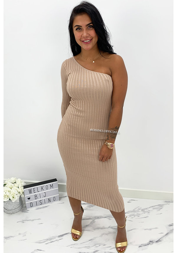 BEIGE - 'SHANNA MIDI' - ONE SLEEVE RIBBED MIDI DRESS