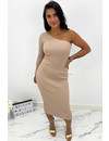 BEIGE - 'SHANNA MIDI' - ONE SLEEVE RIBBED MIDI DRESS