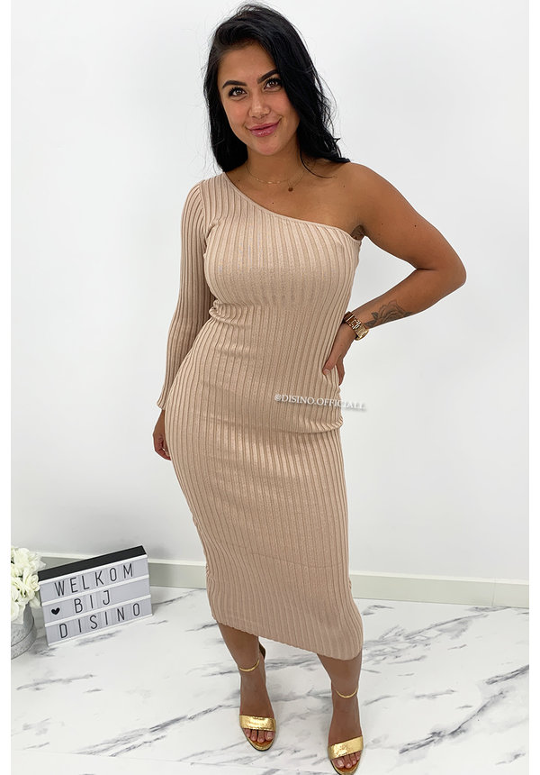 BEIGE - 'SHANNA MIDI' - ONE SLEEVE RIBBED MIDI DRESS