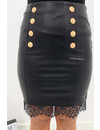 BLACK - 'DIOZA LACE' - VEGAN LEATHER GOLD BUTTON SKIRT WITH LACE