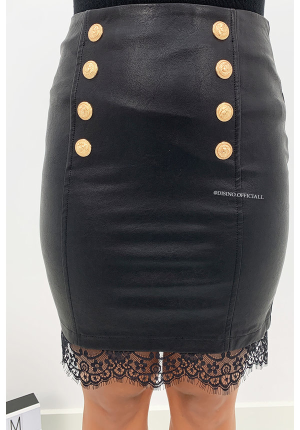 BLACK - 'DIOZA LACE' - VEGAN LEATHER GOLD BUTTON SKIRT WITH LACE