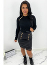 BLACK - 'DIOZA LACE' - VEGAN LEATHER GOLD BUTTON SKIRT WITH LACE