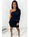 BLACK - 'SHANNA SHORT' - ONE SLEEVE RIBBED DRESS