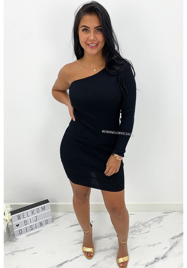 BLACK - 'SHANNA SHORT' - ONE SLEEVE RIBBED DRESS