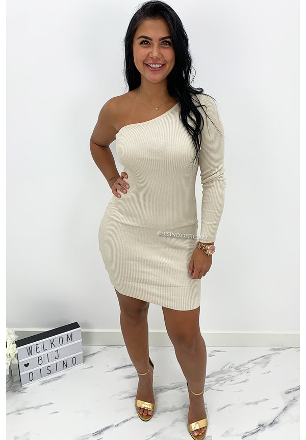 BEIGE - 'SHANNA SHORT' - ONE SLEEVE RIBBED DRESS