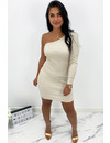 BEIGE - 'SHANNA SHORT' - ONE SLEEVE RIBBED DRESS