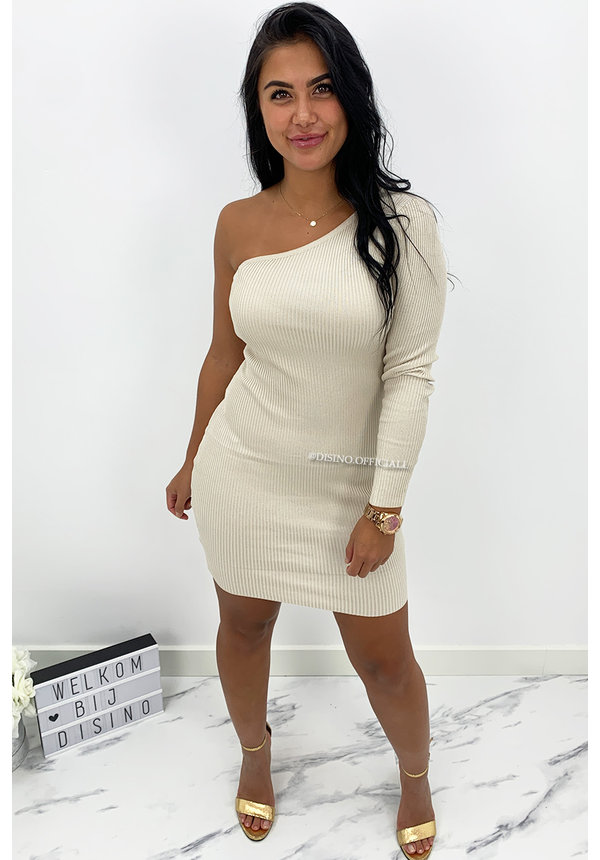 BEIGE - 'SHANNA SHORT' - ONE SLEEVE RIBBED DRESS