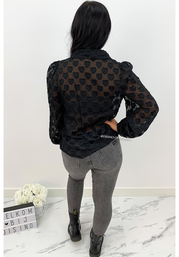 BLACK - 'DON'T LOOK AT MY HEART' - HEART PRINTED MESH BLOUSE