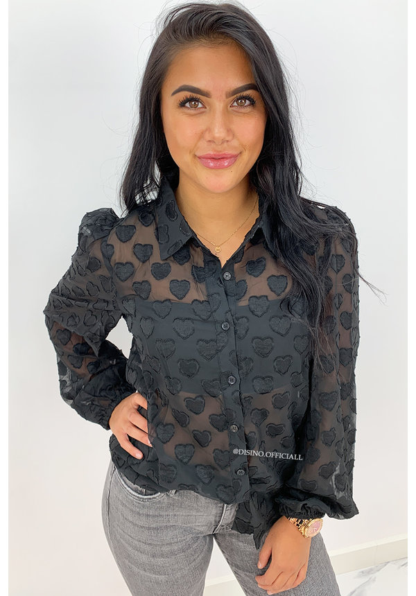 BLACK - 'DON'T LOOK AT MY HEART' - HEART PRINTED MESH BLOUSE