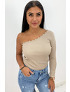 BEIGE - 'KATE LONGSLEEVE' - ONE SHOULDER SCALLOP TOP