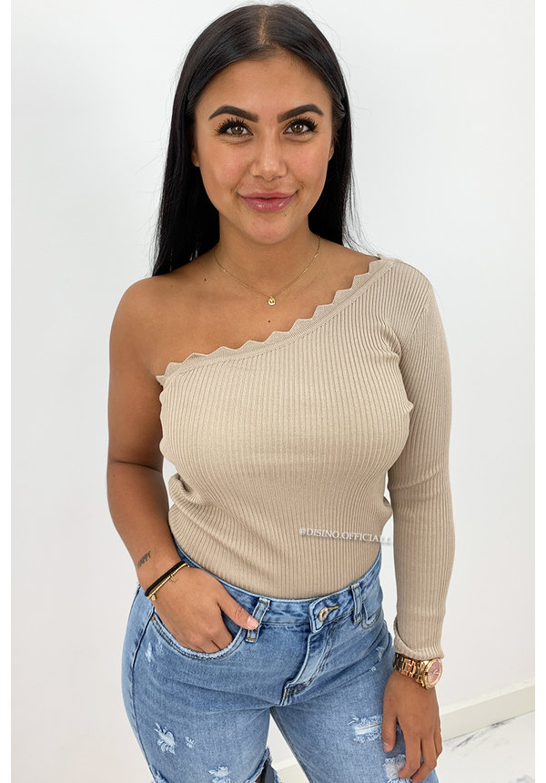 BEIGE - 'KATE LONGSLEEVE' - ONE SHOULDER SCALLOP TOP