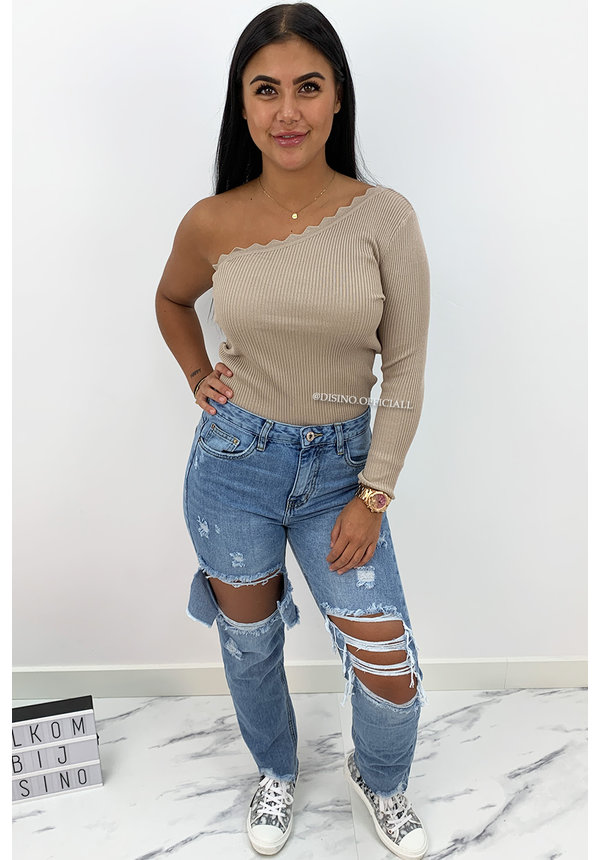 BEIGE - 'KATE LONGSLEEVE' - ONE SHOULDER SCALLOP TOP