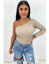 BEIGE - 'KATE LONGSLEEVE' - ONE SHOULDER SCALLOP TOP