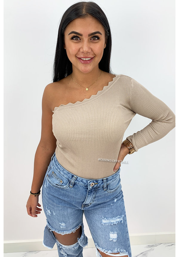 BEIGE - 'KATE LONGSLEEVE' - ONE SHOULDER SCALLOP TOP