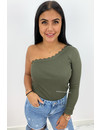 KHAKI GREEN - 'KATE LONGSLEEVE' - ONE SHOULDER SCALLOP TOP