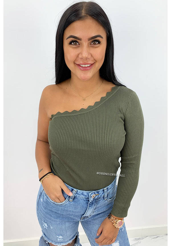 KHAKI GREEN - 'KATE LONGSLEEVE' - ONE SHOULDER SCALLOP TOP