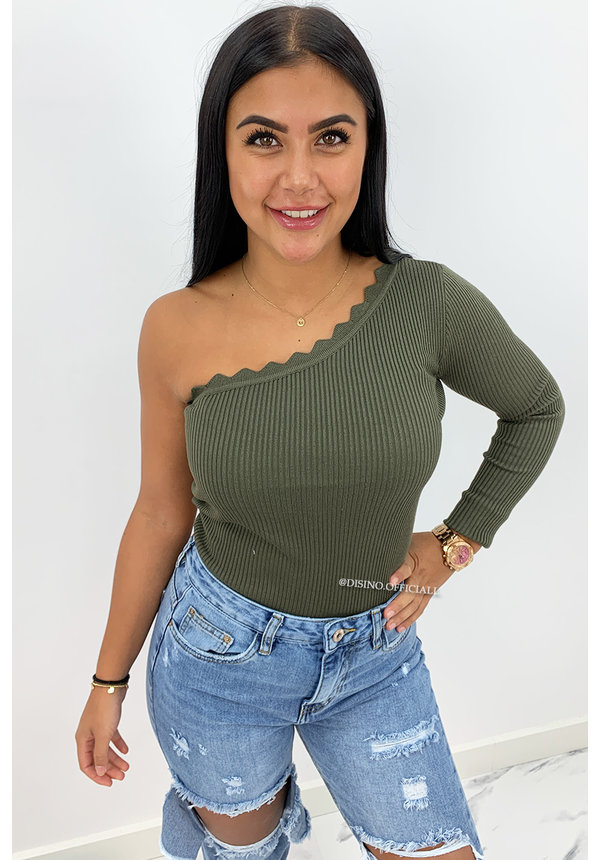 KHAKI GREEN - 'KATE LONGSLEEVE' - ONE SHOULDER SCALLOP TOP