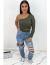 KHAKI GREEN - 'KATE LONGSLEEVE' - ONE SHOULDER SCALLOP TOP