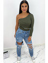 KHAKI GREEN - 'KATE LONGSLEEVE' - ONE SHOULDER SCALLOP TOP