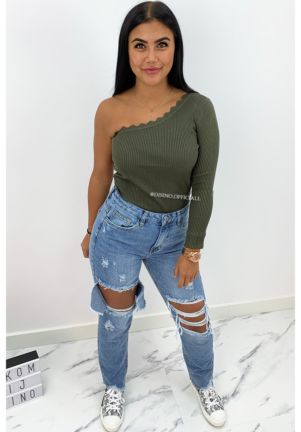 KHAKI GREEN - 'KATE LONGSLEEVE' - ONE SHOULDER SCALLOP TOP