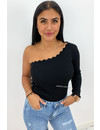 BLACK - 'KATE LONGSLEEVE' - ONE SHOULDER SCALLOP TOP