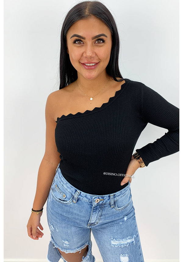 BLACK - 'KATE LONGSLEEVE' - ONE SHOULDER SCALLOP TOP