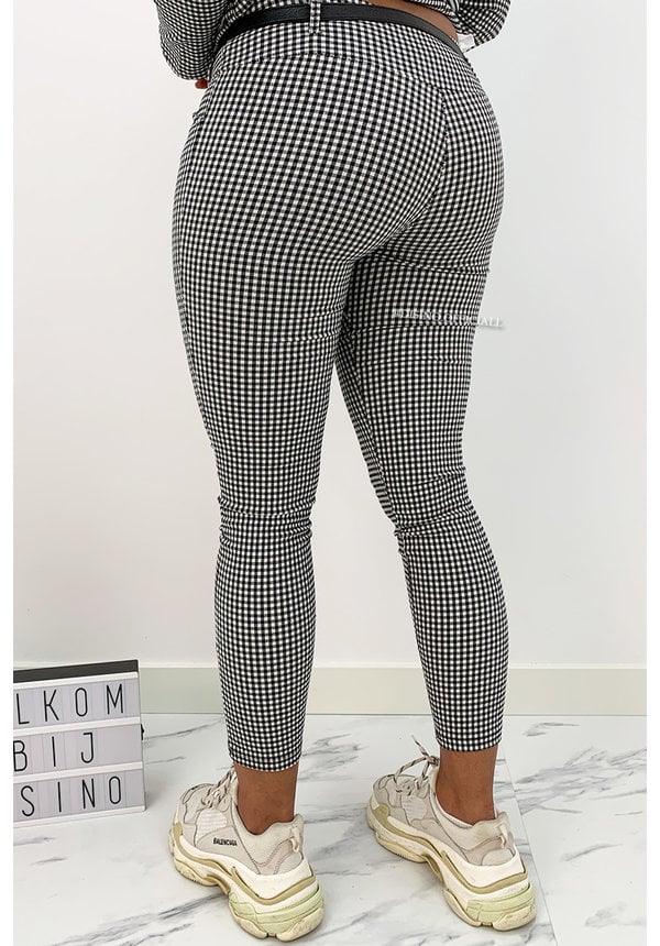 BLACK - 'MONICA' - CHECKERED STRETCH PANTS WITH BELT