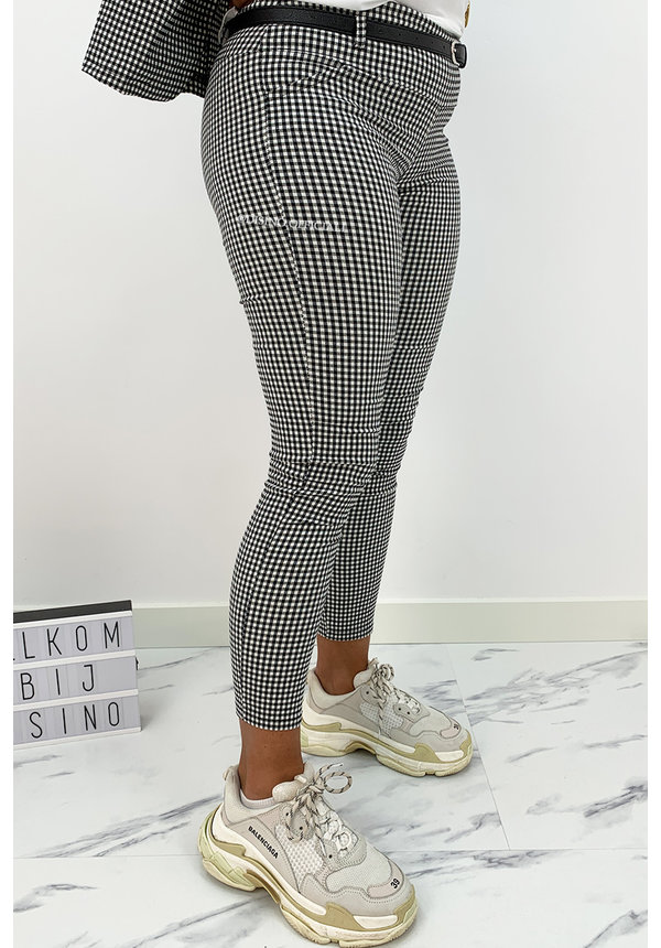 BLACK - 'MONICA' - CHECKERED STRETCH PANTS WITH BELT