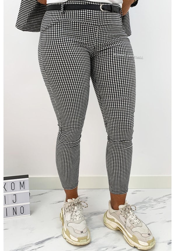 BLACK - 'MONICA' - CHECKERED STRETCH PANTS WITH BELT