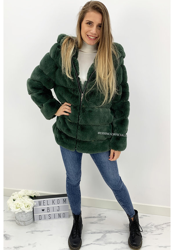 PETROL GREEN - 'CUDDLE ME' - PREMIUM QUALITY FAUX FUR COAT WITH CAPUCHON