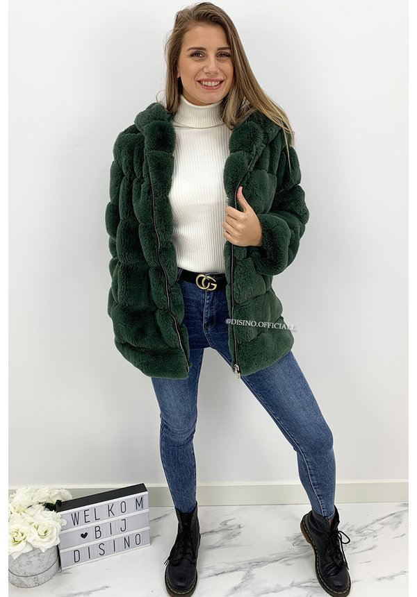 PETROL GREEN - 'CUDDLE ME' - PREMIUM QUALITY FAUX FUR COAT WITH CAPUCHON