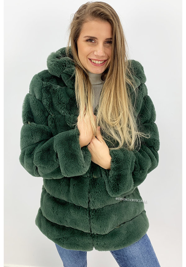 PETROL GREEN - 'CUDDLE ME' - PREMIUM QUALITY FAUX FUR COAT WITH CAPUCHON