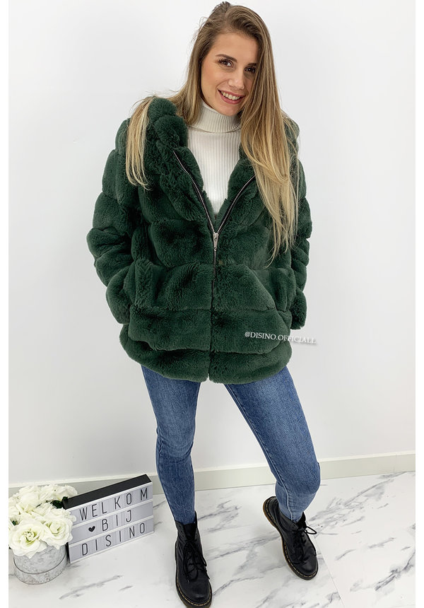 PETROL GREEN - 'CUDDLE ME' - PREMIUM QUALITY FAUX FUR COAT WITH CAPUCHON