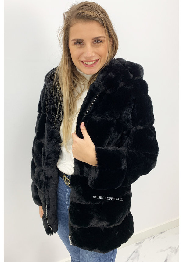 BLACK - 'CUDDLE ME' - PREMIUM QUALITY FAUX FUR COAT WITH CAPUCHON