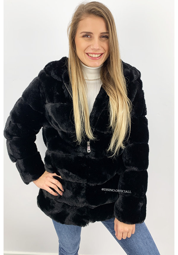 BLACK - 'CUDDLE ME' - PREMIUM QUALITY FAUX FUR COAT WITH CAPUCHON