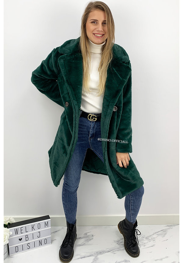 PETROL GREEN - 'FLUFFY DIVA' - SOFT FAUX FUR COAT