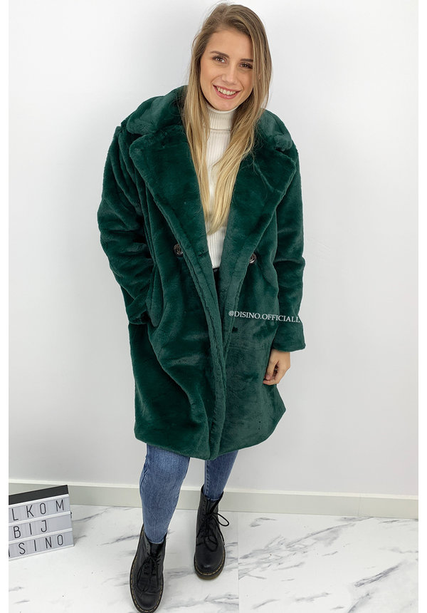 PETROL GREEN - 'FLUFFY DIVA' - SOFT FAUX FUR COAT