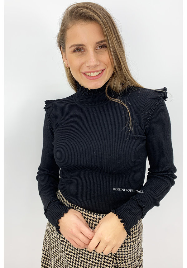 BLACK - 'LISETTE' - RIBBED RUFFLE TOP