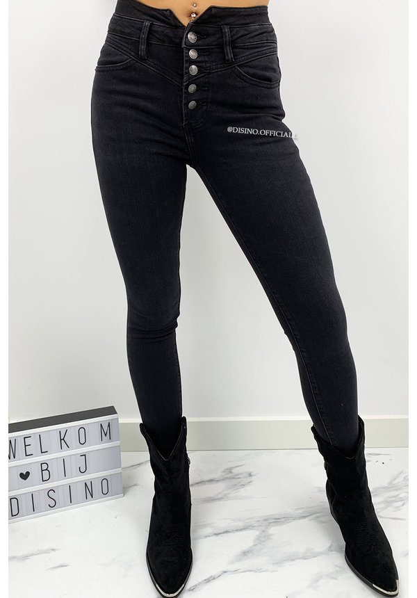 QUEEN HEARTS JEANS - BLACK DENIM - HIGH WAIST BUTTON UP SKINNY JEANS - 642