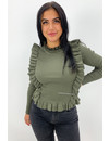 KHAKI GREEN - 'MILOU' - RIBBED RUFFLE TOP