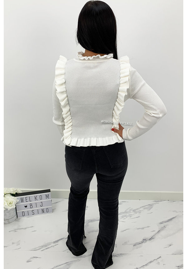 WHITE - 'MILOU' - RIBBED RUFFLE TOP